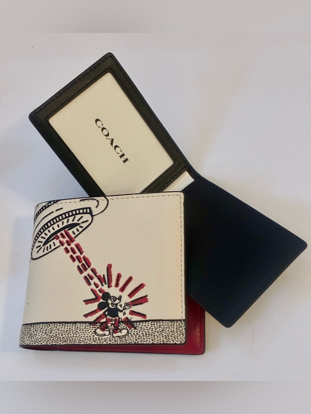 Coach Disney Keith Haring Mickey Mouse UFO Unisex Leather Bifold Wallet NEW